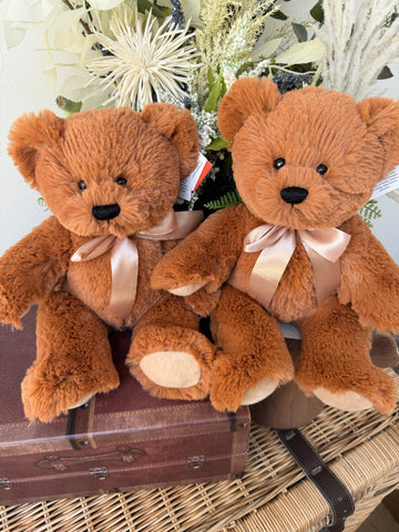 Teddy Mischa 27cm Soft Plush Children's Teddy Bear - Auburn with Apricot Bow