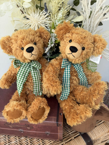 Honeybear 35cm Soft Plush 1 fold jointed Teddy Bear - Honey with Green Check Bow.