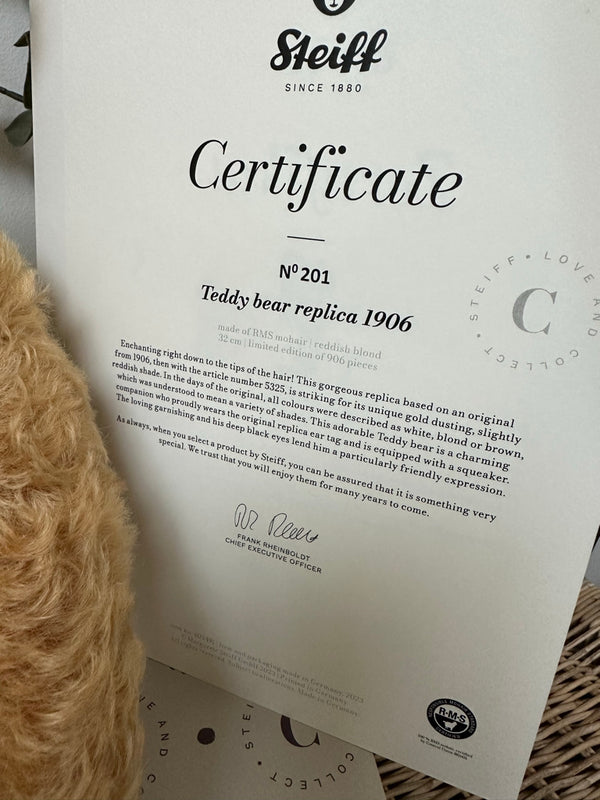 1906 Steiff Teddy Bear Replica 32cm Limited Edition Squeaker Mohair No 201