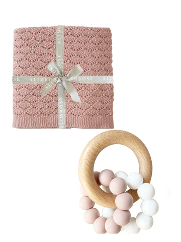 Petal Pink Heritage Knit Baby Blanket & Beechwood Teether Bundle