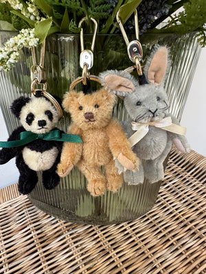 Binky Bunny Miniature Mohair Bag Charm Key Ring with 18 Carat Gold Plated Hardware.