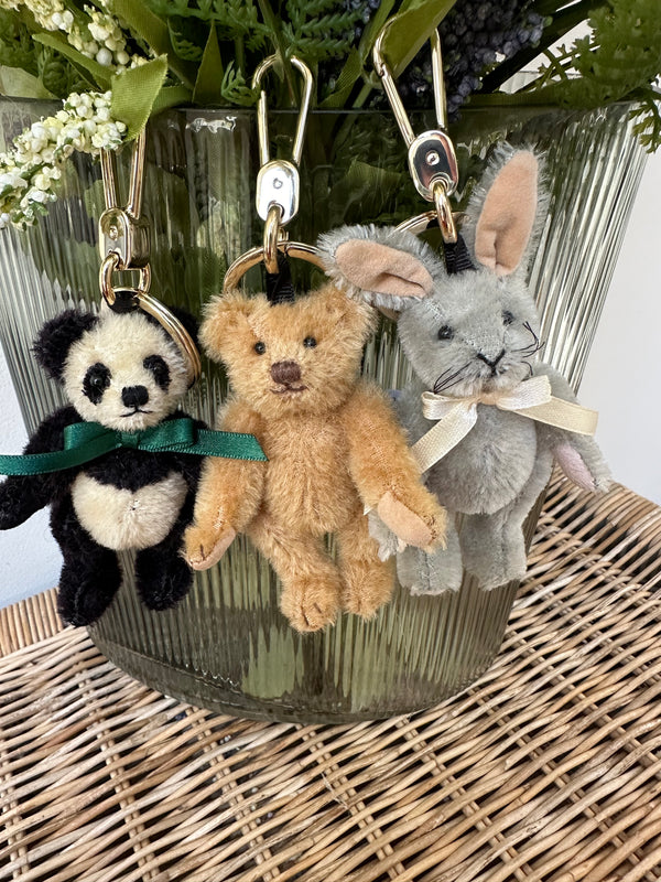 Binky Bunny Miniature Mohair Bag Charm Key Ring with 18 Carat Gold Plated Hardware.