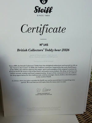 Steiff British Collectors 2026 Limited Edition Growler Collectable Teddy Bear No 145