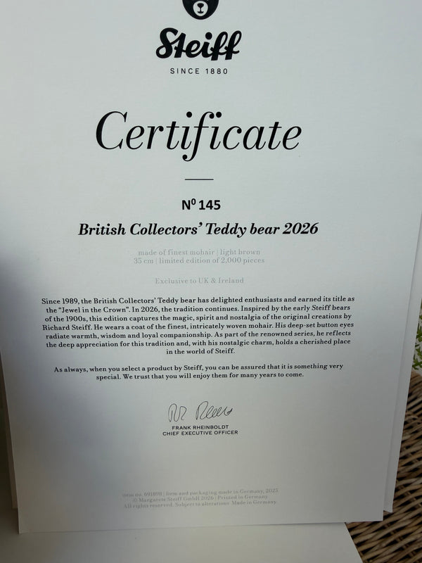 Steiff British Collectors 2026 Limited Edition Growler Collectable Teddy Bear No 145