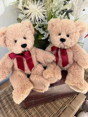 Teddy Mischa 27cm Soft Plush Children's Teddy Bear - Beige Red Satin Bow