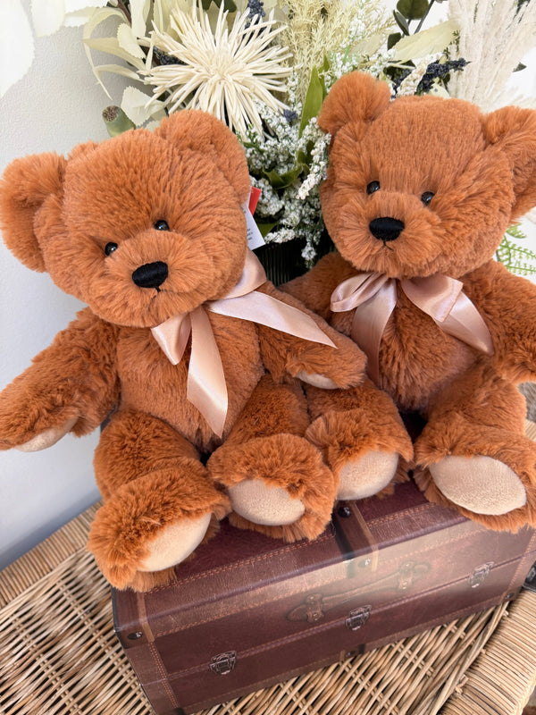 Teddy Mischa 27cm Soft Plush Children's Teddy Bear - Auburn with Apricot Bow