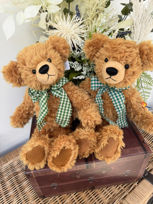 Honeybear 35cm Soft Plush 1 fold jointed Teddy Bear - Honey with Green Check Bow.