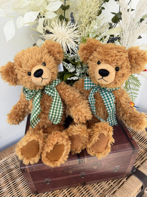 Honeybear 35cm Soft Plush 1 fold jointed Teddy Bear - Honey with Green Check Bow.
