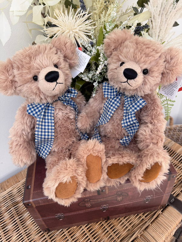 Honey Bear 35cm Soft Plush 1 fold jointed Children's Teddy Bear - Beige with Blue Bow