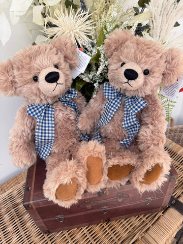 Honey Bear 35cm Soft Plush 1 fold jointed Children's Teddy Bear - Beige with Blue Bow