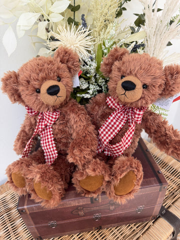 Honeybear 35cm Soft Plush 1 fold jointed Children's Teddy Bear - Brown with Red check Bow.