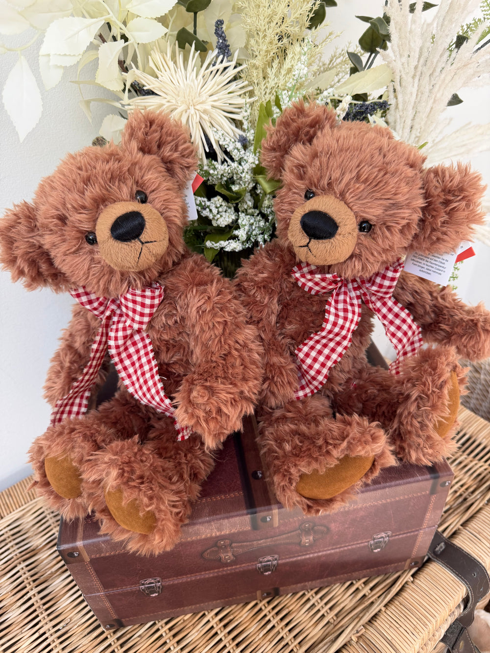 Honeybear 35cm Soft Plush 1 fold jointed Children's Teddy Bear - Brown with Red check Bow.