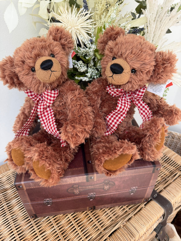 Honeybear 35cm Soft Plush 1 fold jointed Children's Teddy Bear - Brown with Red check Bow.