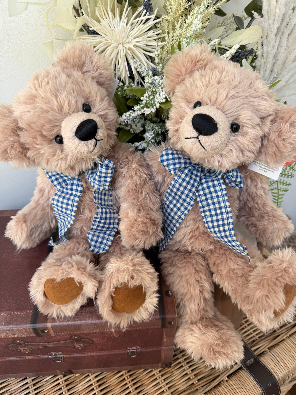 Honey Bear 35cm Soft Plush 1 fold jointed Children's Teddy Bear - Beige with Blue Bow