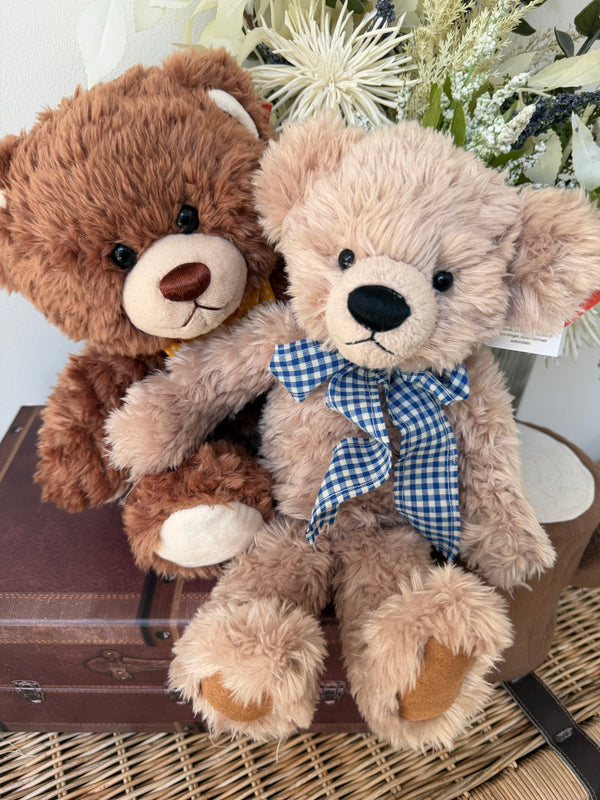 Honey Bear 35cm Soft Plush 1 fold jointed Children's Teddy Bear - Beige with Blue Bow