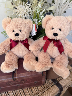 Teddy Mischa 27cm Soft Plush Children's Teddy Bear - Beige Red Satin Bow