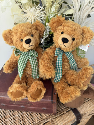 Honeybear 35cm Soft Plush 1 fold jointed Teddy Bear - Honey with Green Check Bow.