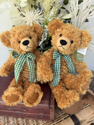 Honeybear 35cm Soft Plush 1 fold jointed Teddy Bear - Honey with Green Check Bow.