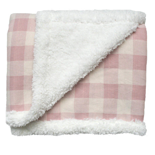 Alimrose Pink Check Sherpa Baby Blanket & Bonus Emma Heart Rattle