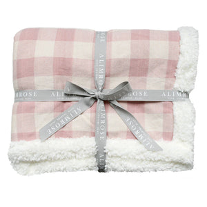 Alimrose Pink Check Sherpa Baby Blanket & Bonus Emma Heart Rattle