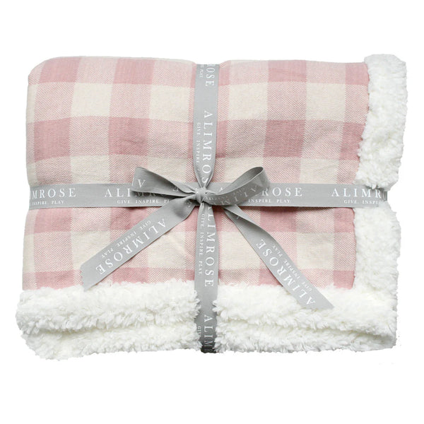 Alimrose Pink Check Sherpa Baby Blanket & Bonus Emma Heart Rattle