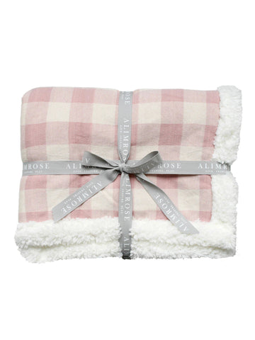 Alimrose Pink Check Sherpa Baby Blanket & Bonus Emma Heart Rattle