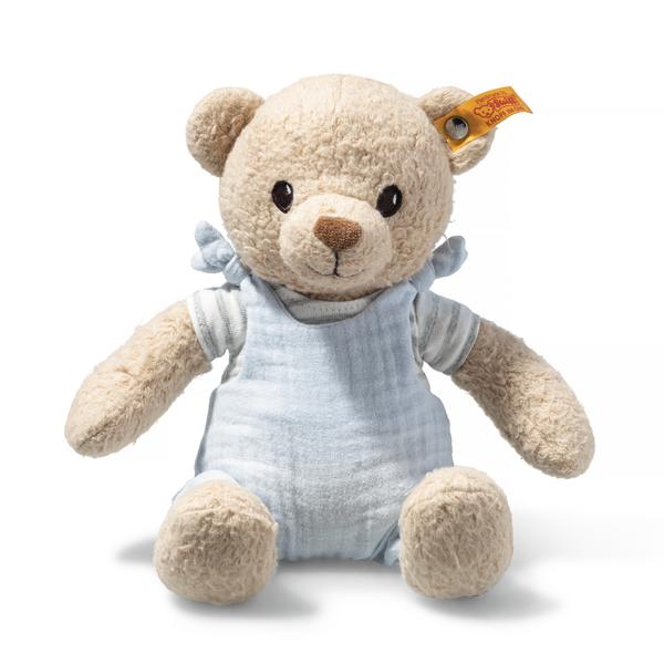 Nico 26cm GOTS Steiff Organic Teddy Bear in pastel Blue Dungarees
