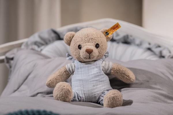 Nico 26cm GOTS Steiff Organic Teddy Bear in pastel Blue Dungarees