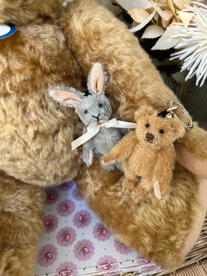 Binky Bunny Miniature Mohair Bag Charm Key Ring with 18 Carat Gold Plated Hardware.