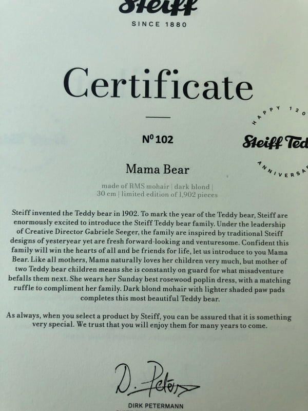 Bear Family Collection Mama Teddy Bear 30cm Mohair Steiff 2022 Teddy Bear No 102